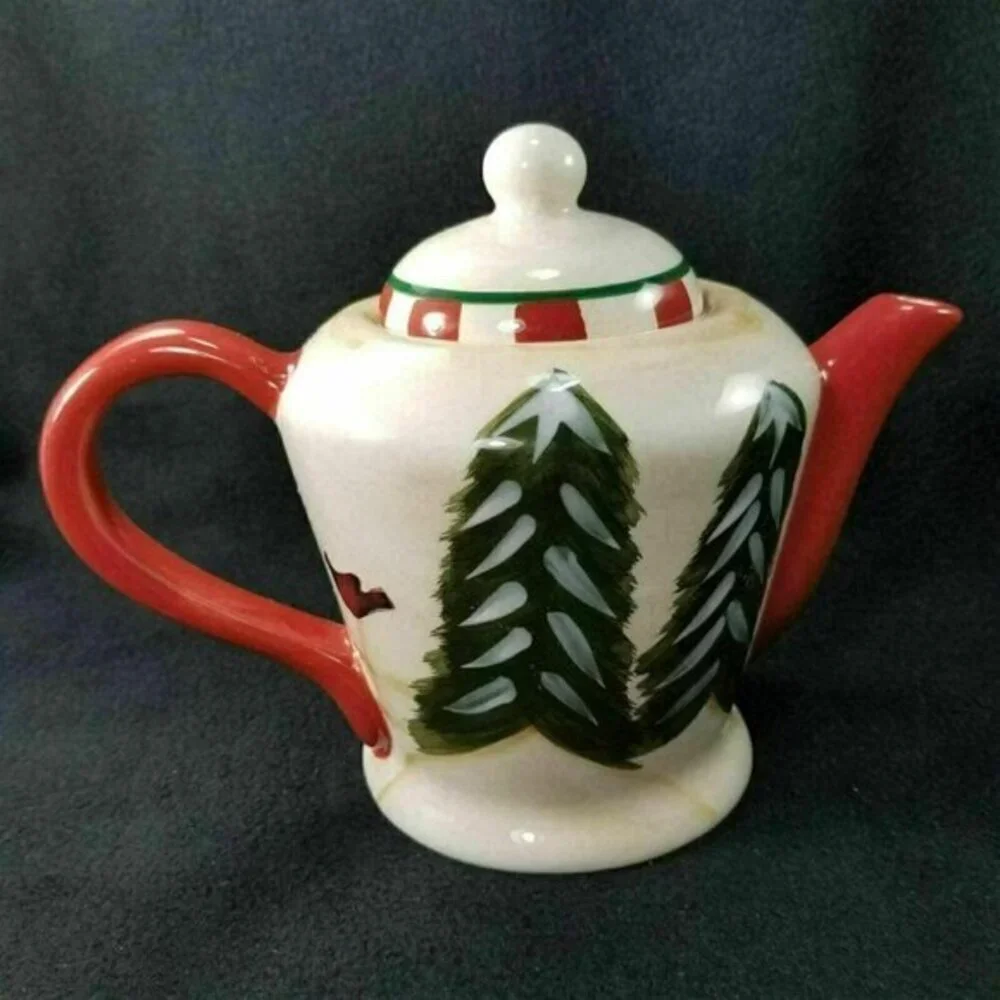 Crazy‎ Mountain Snowman Teapot Trees Birds Birdhouse Red Handle and Spout